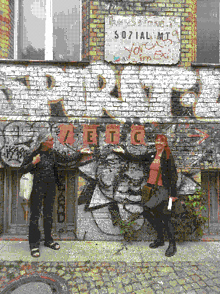 aileen and helen posing before an improvised guidepost to the etc spaces at bethanien